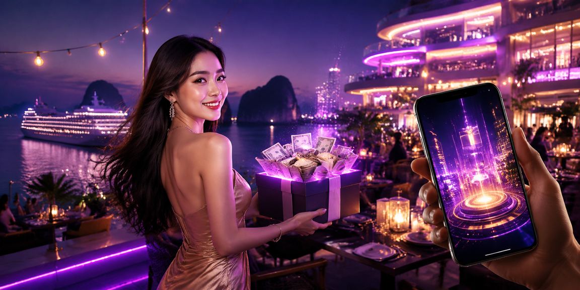 Màn hình điện thoại hiển thị giao diện casino trực tuyến với phong cảnh Hạ Long về đêm